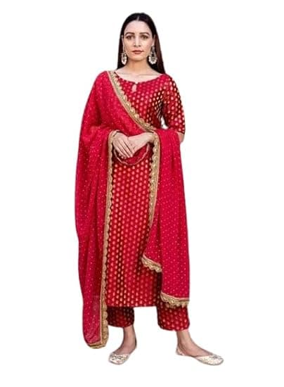 Womens Printed Rayon Ethnic Wear Long Kurta Pants Dupatta Sets